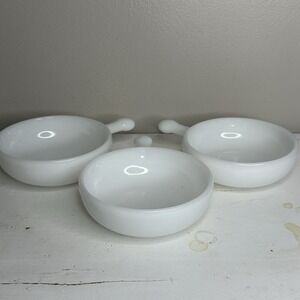 Vintage Milk White Glass Dessert Cereal Round Bowl with Handle (Set of 3)